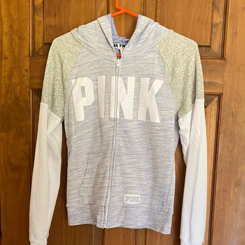 PINK Victoria's Secret Light Gray and White Hoodie